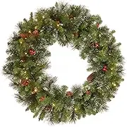 National Tree Company Pre-Lit Artificial Christmas Wreath, Green, Crestwood Spruce, White Lights, Decorated with Pine Cones, Berry Clusters, Frosted Branches, Christmas Collection, 30 Inches