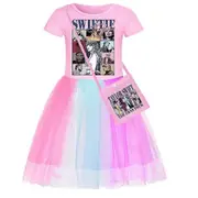 Kids Girls Taylor Swiftie Dress Rainbow Tulle Dress With Bag Princess A-Line Dresses Birthday Party Skirt Gifts Pink 9-10 Years