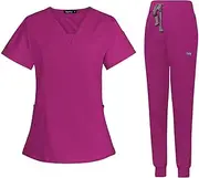 Generic Women Uniform Scrubs Set, V Neckline Machine Washable, with Multi Pockets Nurse Comfortable Beauty Parlour Durable Top and Joggers Pant Suit, Rose Red, M