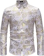 [Generic] Men's Shiny Gold Rose Print Slim Fit Long Sleeve Floral Dress Shirts/Prom Performing Shirts