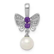 Sterling Silver Rhodium FW Cultured Pearl Amethyst Diamond Pendant