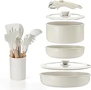 IPOW Pots and Pans Set Non Stick, 15PCS Cookware with Frying Pans & Saucepan, Detachable Handle and Cooking Utensils Set, Oven Safe, Space Saving
