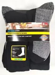 Dickies Dri-Tech Performance Work Crew Socks Size 6-12 6 Pairs Black/Grey