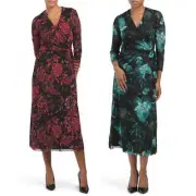 NWT Anne Klein Women's Long Sleeve Floral Print Tie Waist Wrap Midi Dress S,M,L