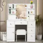 Dressing Table Stool Set Makeup Mirror LED Vanity Table Drawers Cabinet White
