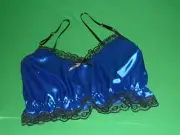 ROYAL BLUE shiny SATIN shorty camisole CROP TOP black lace new Made in France