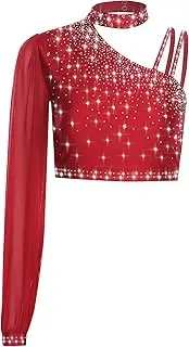 [TiaoBug] Women Shiny Rhinestone Dance Top Asymmetrical Long Sleeve Crop Top Lyrical Dance Costume