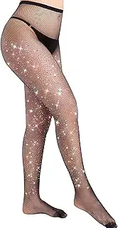 Fafulan Sparkly Rhinestone Fishnet Stockings for Women, High Waist Glitter Tights, Sexy Mesh Pantyhose for Parties & Nights