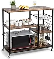 Giantex Industrial Kitchen Baker's Rack, w/Lockable Universal Wheel, Microwave Oven Stand, Metal Frame, Utility Storage Shelf, w/Basket and Hooks, Easy Assembly