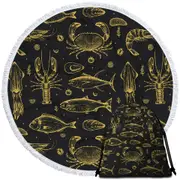 Golden Seafood Fish Crab and Squid Round Beach Towel