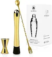3 Pcs Cocktail Set Mixing Tools for Drinks, Raisaplin Stainless Steel Mixologist Mini Home Bar Bartender Tool Set - Extra Long Drink Muddler, 10" Cocktail Spoon, 0.5 oz 1 oz Measuring Jigger - Gold