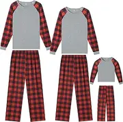 [cheibear] Christmas Family Pajama Set Red Black Plaid Print and Solid Color Combination Long Sleeve Top Matching Pants