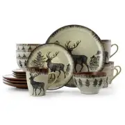 Elama 16 Piece Majestic Elk Rustic Taupe Stoneware Complete Dinnerware Set For 4