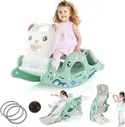 Costway 4-in-1 Kids Slide Rocking Horse, Toddler Climber Slide Playset with Basketball & Ring Toss, Freestanding Baby Slide Toy for Kids 1-4 Years Old Indoor & Outdoor Use, Pink/Green (Green)