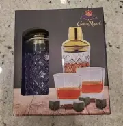 CROWN ROYAL Cocktail 7 Piece Shaker Set With 2 Glasses & 4 Whiskey Stones.