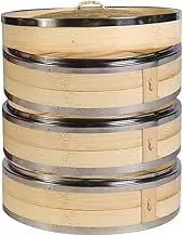 Hcooker 3 Tier Kitchen Bamboo Steamer with Double Stainless Steel Banding for Asian Cooking Buns Dumplings Vegetables Fish Rice