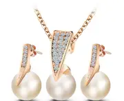 Fashion Lady Pearl Clear Crystal Rose Gold Necklace Earrings Set