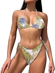 [KEOYA] Womens Triangle String Thong Two Piece Halter Print Bikini Set