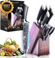 7Pc Professional Damascus Steel Chef Knife Set w/ Block & Sharpener