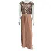 AIDAN MATTOX Pink Sequin Lace Embellished Jewel Neck Pleated Maxi Dress Gown 6