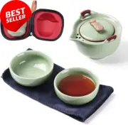 Portable Chinese Tea Set, Ceramic Teapot & 2 Cups, Travel Bag