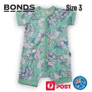 Bonds Zip Romper Baby Size 3 Short Sleeve Wondersuite Girls Green Floral Theme