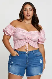 Check Crop Top Short Sleeve Ruched Front