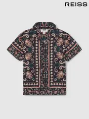 Reiss Dark Teal Finn 3-9 yrs Ornamental Print Cuban Collar Shirt (E14718) | $80