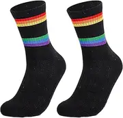[Generic] Sweat Wicking Athletic Socks Cotton Tennis Socks Striped Crew Socks Sports Running Socks Black L