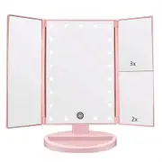 Pink Tri-Fold Lighted Makeup Mirror, 22 LED Vanity Mirror with 1X/2X/3X/10X Magnification, Portable Cosmetic Mirror
