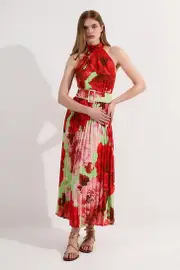 Floral Georgette Halter Neck Pleated Midi Dress