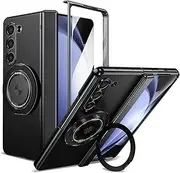 [YQODSZ] for Samsung Galaxy Z Fold 4 Magnetic Case with Ring Holder, All-Inclusive Fold4 Case with Screen Protector Integrated Hinge Protection Kickstand Protective Cover for Z Fold 4 Silver Black