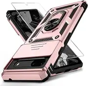 [Weycolor] for Google Pixel 8A Case with Camera Lens Cover HD Screen Protector, 10 FT Military Grade Drop Protection, Magnetic Ring Holder Kickstand Protective Phone Case, Rose Gold