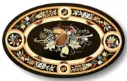 Oval Black Marble Coffee Table Top Floral Design Inlay Work Patio Sofa Table