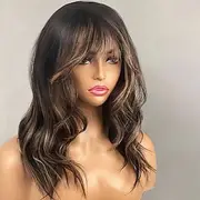 Remy Human Hair 13x4 Lace Front Wig With Bangs Brazilian Hair Wavy Multi-color Wig 130% 150% Density with Baby Hair Highlighted / Balayage Hair 100% Virgin Glu