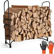 Firewood Rack 123x33x126cm - Heavy Duty Steel Indoor/Outdoor Firewood Storage Log Holder with Free Heat-Resistant Gloves | Rust-Proof & Weather-Resistant | For Fireplace, Camping, Backyard (Black)