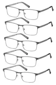 5-Pack Reading Glasses Men Blue Light Blocking Gunmetal Metal Frames Spring
