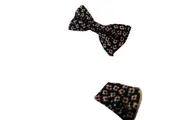 Mens Navy With Cream & Red Flowers Cotton Bow Tie & Pocket Square Set