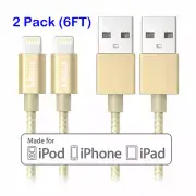 2 Pack Lightning Cable 6Ft MFi Certified Gold Flawless Apple iPhone iPad iPod