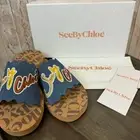 See By Chloè Essie Mules Signature Logo Leather Slides Sandals Brown Blue EU 39