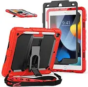 SEYMAC stock Case for iPad 9th/8th/7th Generation 10.2 Inch 2021/2020/2020 with Screen Protector, Pencil Holder, Portable Shoulder Strap, Foldable Stand, Drop-Proof Function, Red+Black