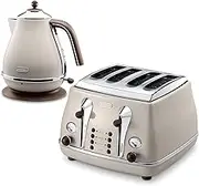 De'Longhi Icona Vintage Kettle and Toaster Pack KBO-CTO.VBG, 4 Slice Toaster with Reheat and Defrost Functions, 6 Browning Levels Plus 1.7L Capacity Electric Kettle with Anti-Scale Filter, Beige