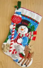 Christmas Stocking, Completed Bucilla kit, Snowman , Animals, Birds, Sign