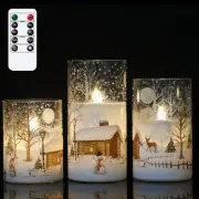 3-PC Christmas Snowy Log Cabin Snowman Flameless LED Pillar Candle Set w/ Remote
