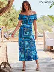 Sosandar Blue Bardot Tie Front Fit And Flare Dress (571852) | $159