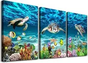 [AHUASJART] Canvas Wall Art for Living Room family Wall decor for Bedroom Bathroom Wall Decoration blue Ocean Sea Turtle Paintings Modern shark Pictures Artwork office Ready to Hang 12" x 16" 3 Piece