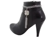 Women Silver Chain Boot Bracelet Shoe Long Fringes Tassel Retro Flower Fun Charm