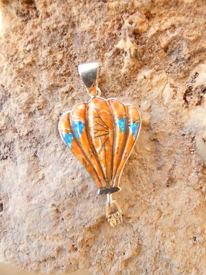 Hot Air Balloon Sterling Silver 925 Spiny Oyster & Opal Raised inlayed Pendant