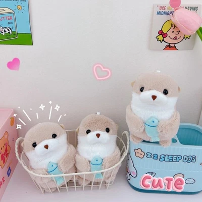 Cute Otters Holding Fish Plush Keychain Hanging Pendant For School Bag Backpack