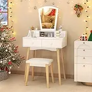 Giantex Vanity Desk Set with Lighted Mirror, Dressing Table with 3-Color Adjustable LED Lights, Drawers and Solid Pine Wood Legs, Makeup Table and Stool Set for Bedroom, White